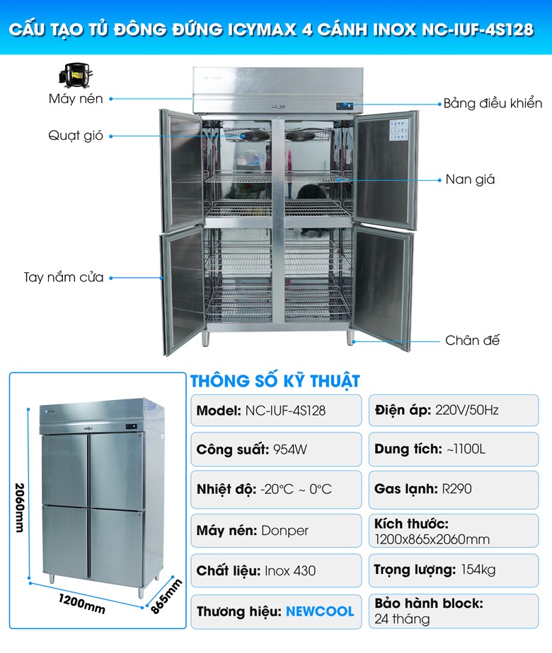 Cấu tạo tủ đông đứng ICYMAX 4 cánh inox 1100L IUF-4S128
