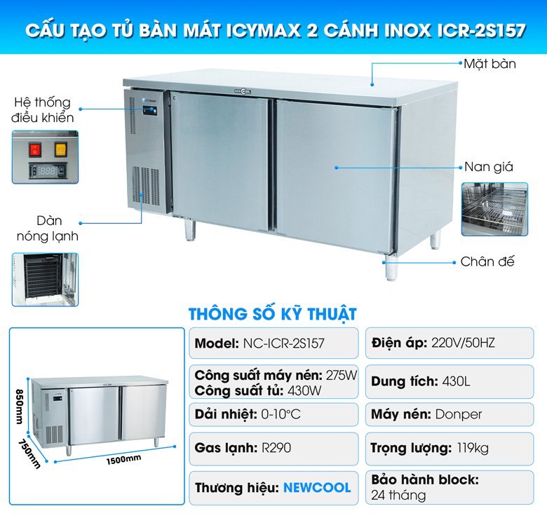 Cấu tạo tủ bàn mát Icymax 2 cánh inox 1500x750 ICR-2S157 Cấu tạo tủ bàn mát Icymax 2 cánh inox 1500x750 ICR-2S157
