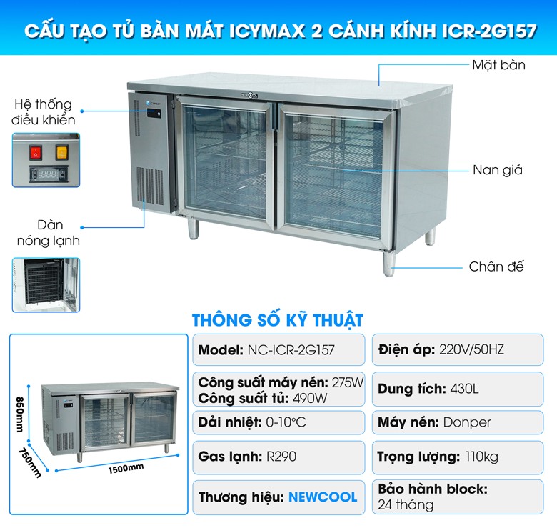 Cấu tạo tủ bàn mát Icymax 2 cánh kính 1500x750 ICR-2G157