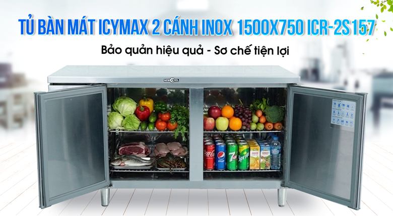 Tủ bàn mát Icymax 2 cánh inox 1500x750 ICR-2S157 Tủ bàn mát Icymax 2 cánh inox 1500x750 ICR-2S157