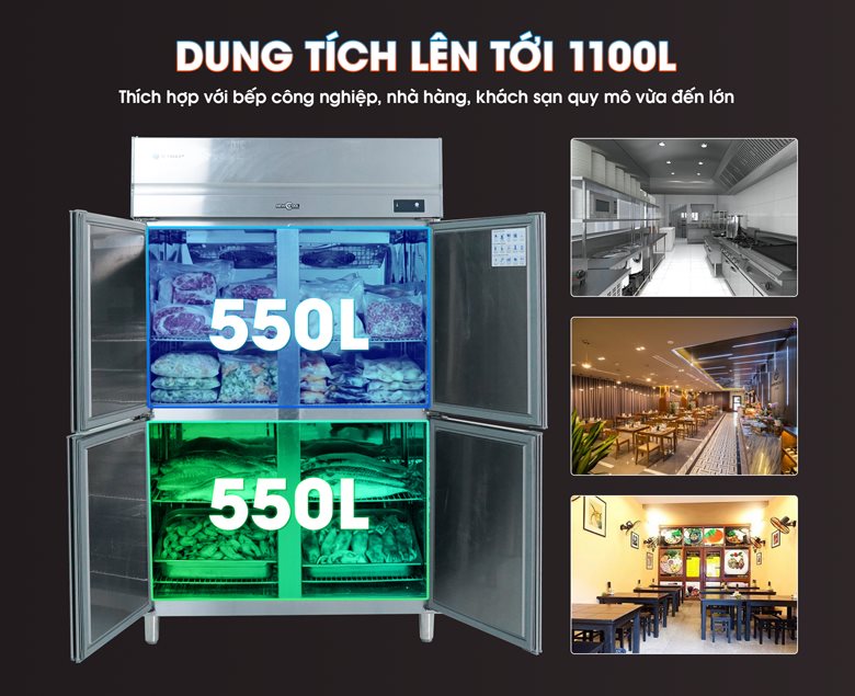Dung tích khổng lồ 1100L thích hợp với bếp công nghiệp