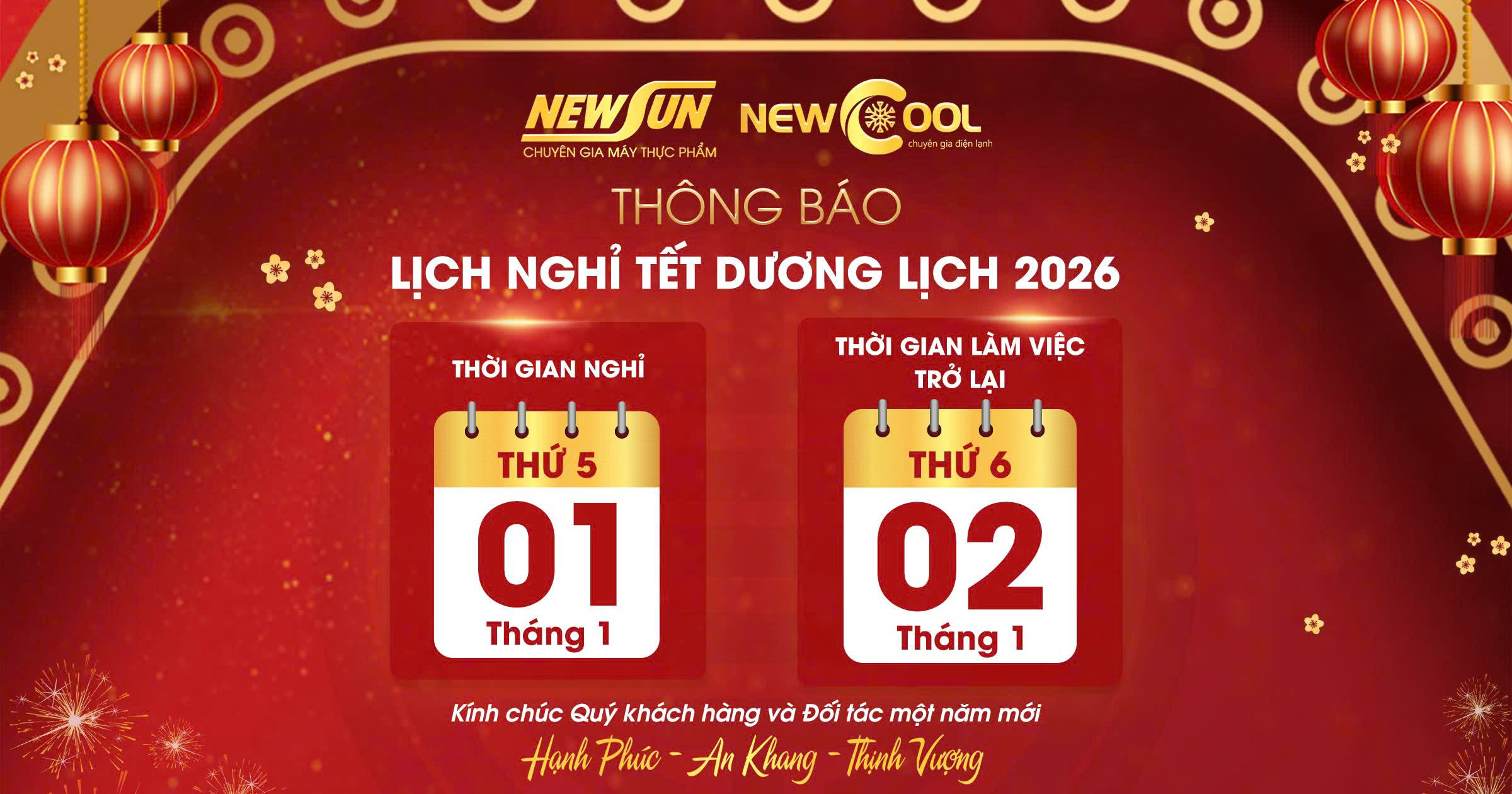 Điện lạnh NEWCOOL thông báo lịch nghỉ lễ Tết Dương lịch 2026 (1 ngày)