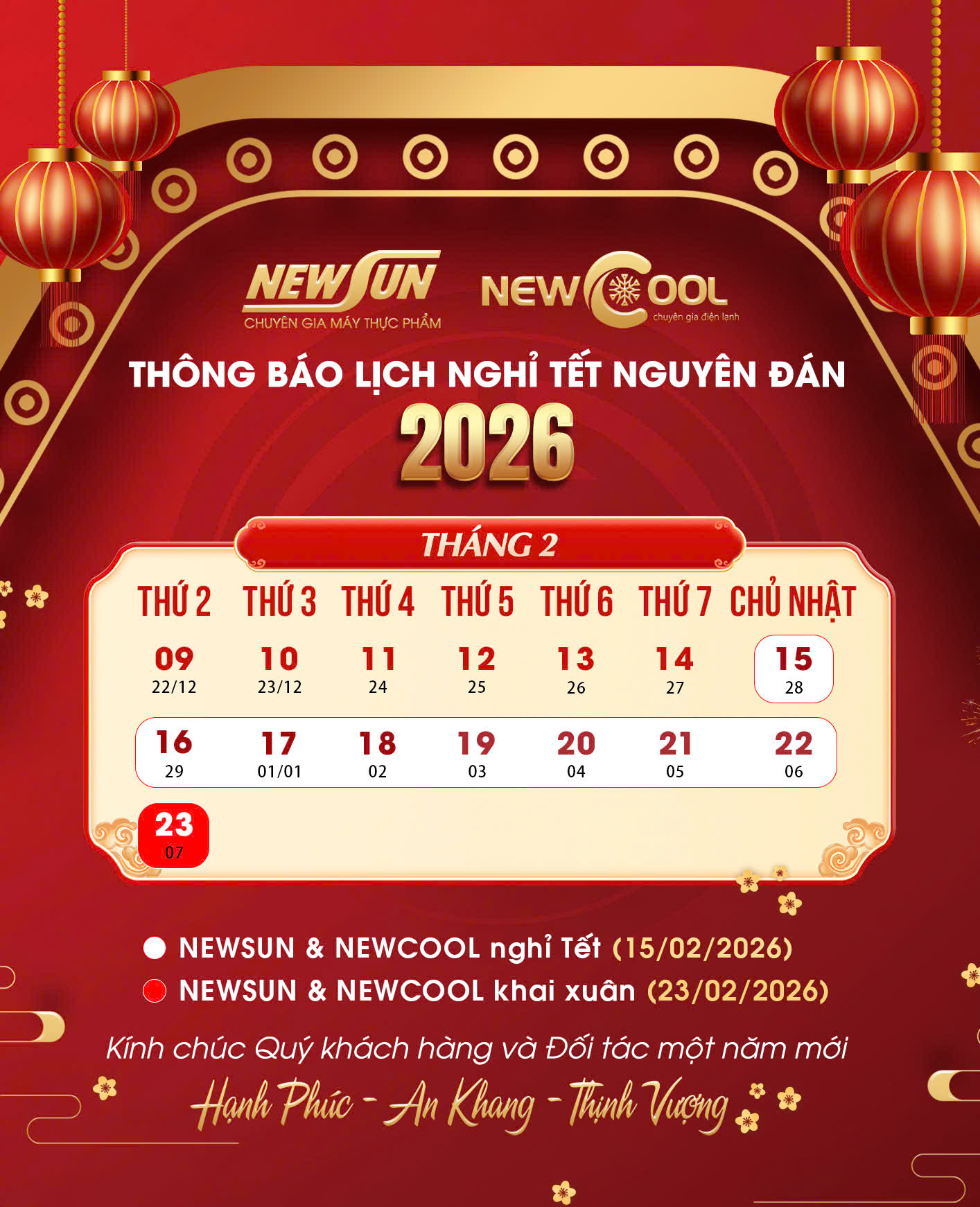 NEWCOOL thông báo nghỉ Tết Nguyên đán Bính Ngọ 2026