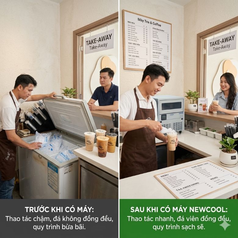 Mây Tea & Coffe trước và sau khi sử dụng máy làm đá viên NEWCOOL