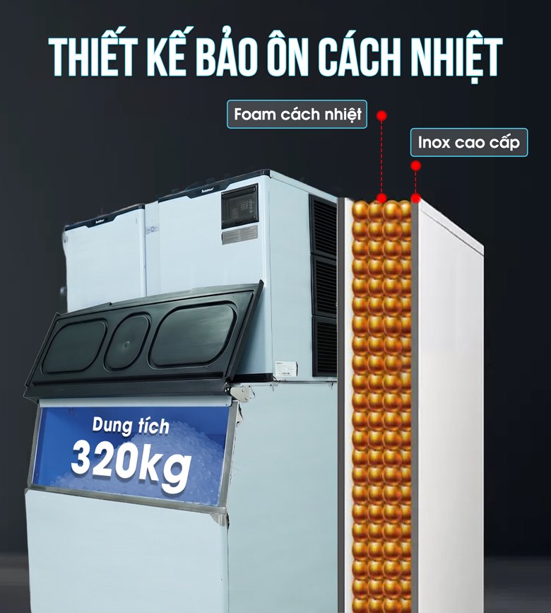 Thùng chứa đá dung tích 320kg, có foam cách nhiệt ở giữa  