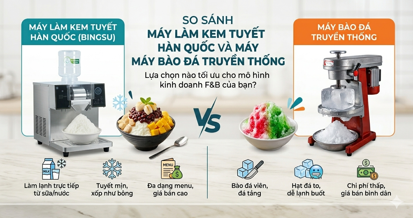 So sánh máy làm kem tuyết Hàn Quốc và máy bào đá truyền thống