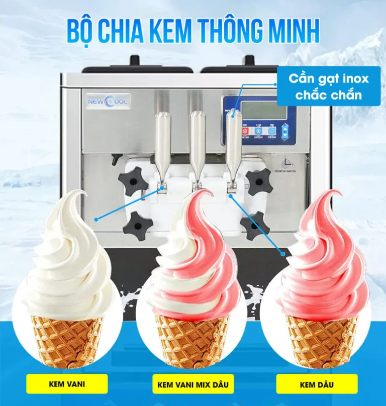 máy làm kem 3 vòi có 3 đầu xả, thường cho ra 2 hương vị riêng biệt và 1 vị mix ở vòi giữa