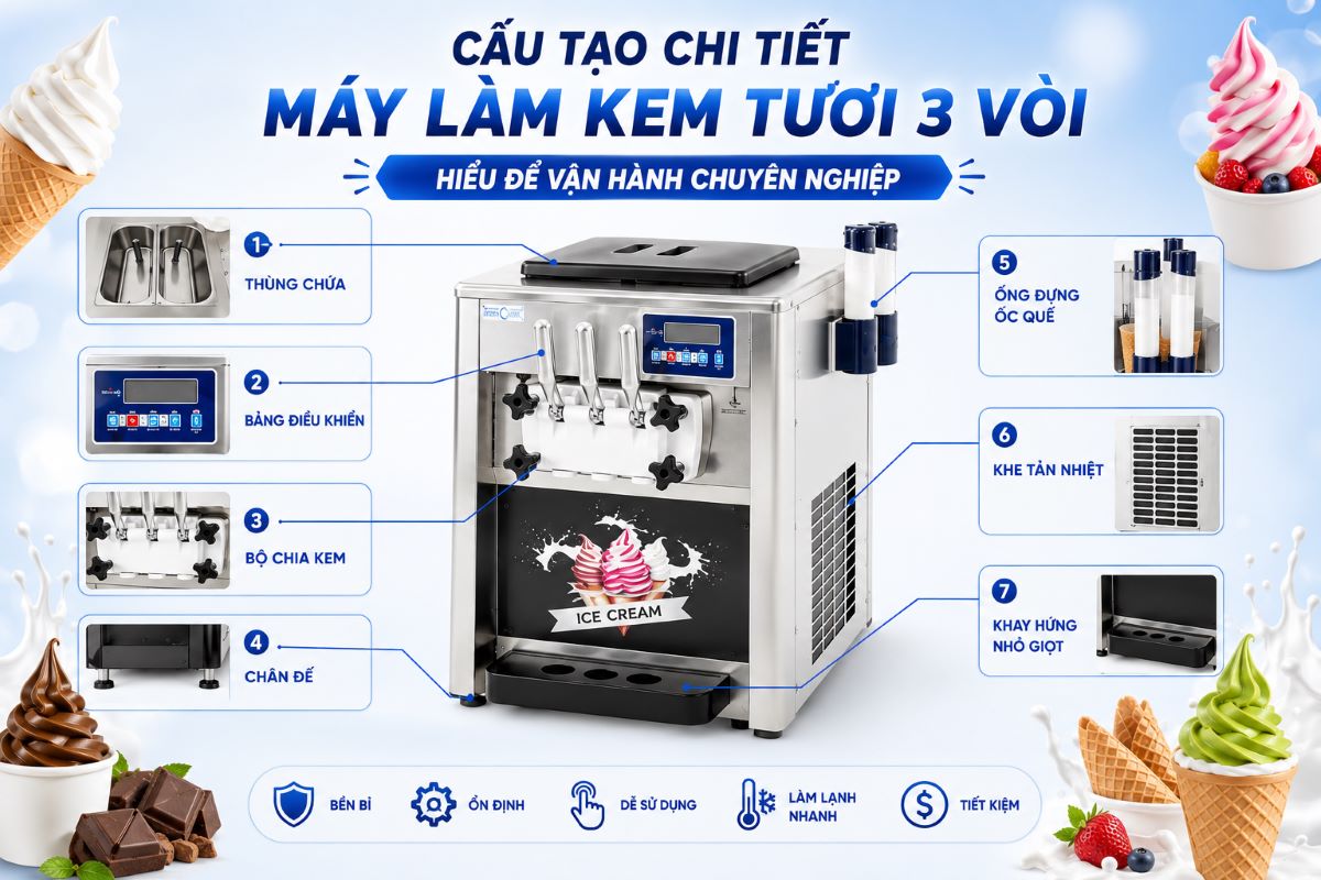 Cấu tạo chi tiết máy làm kem tươi 3 vòi: Hiểu để vận hành chuyên nghiệp