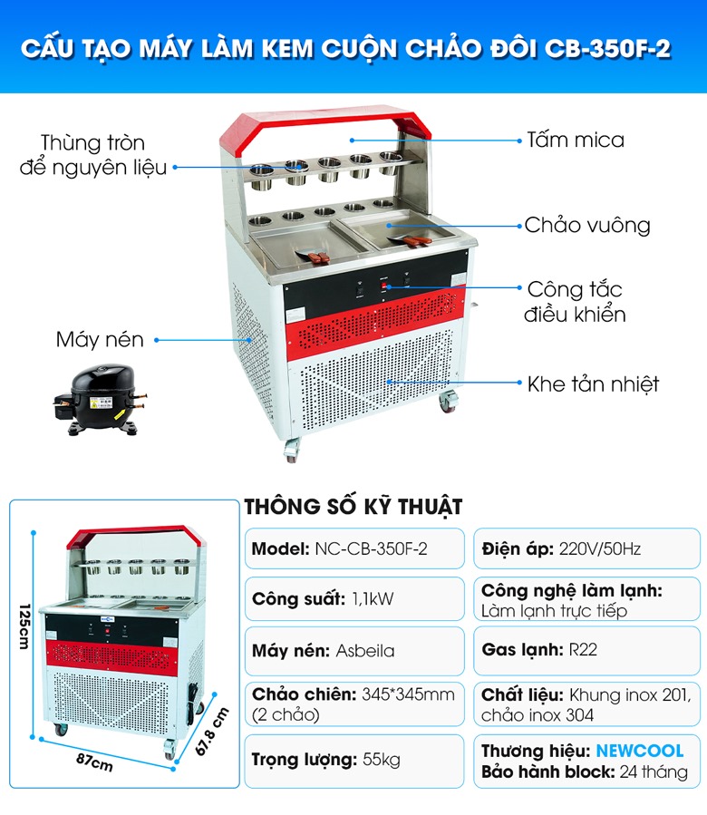 Cấu tạo của máy làm kem cuộn đôi chảo vuông CB-350F-2