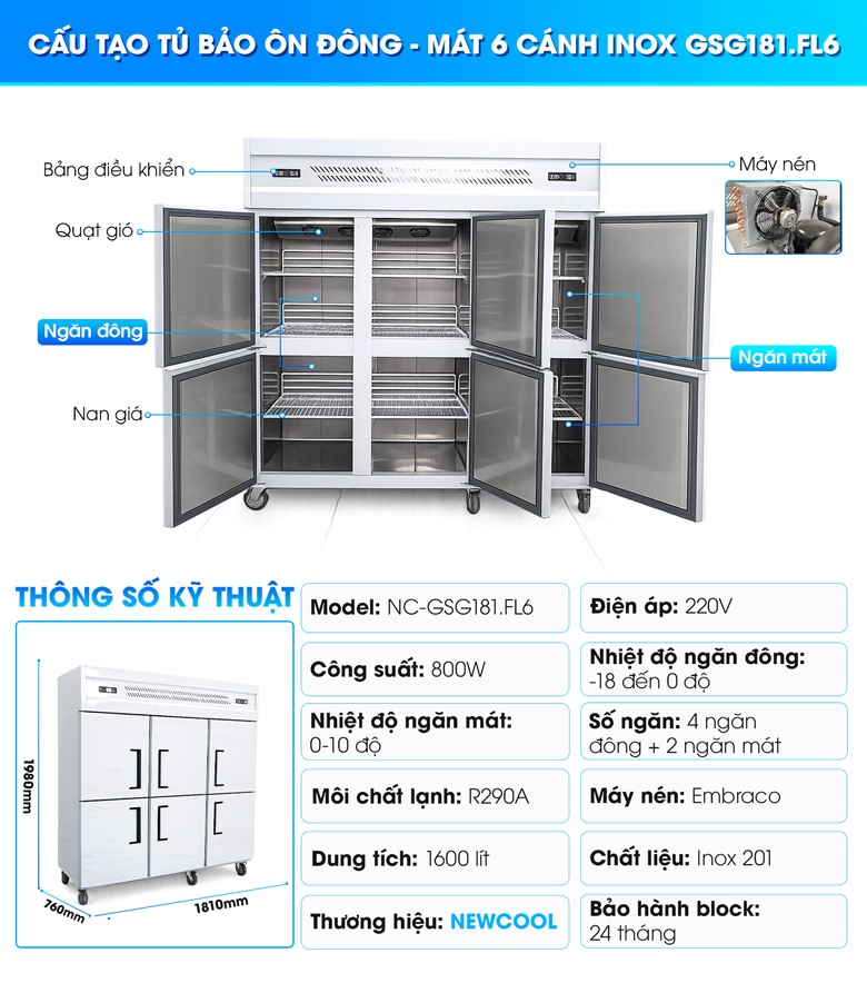 Cấu tạo tủ đông mát 6 cánh inox GSG181.FL6