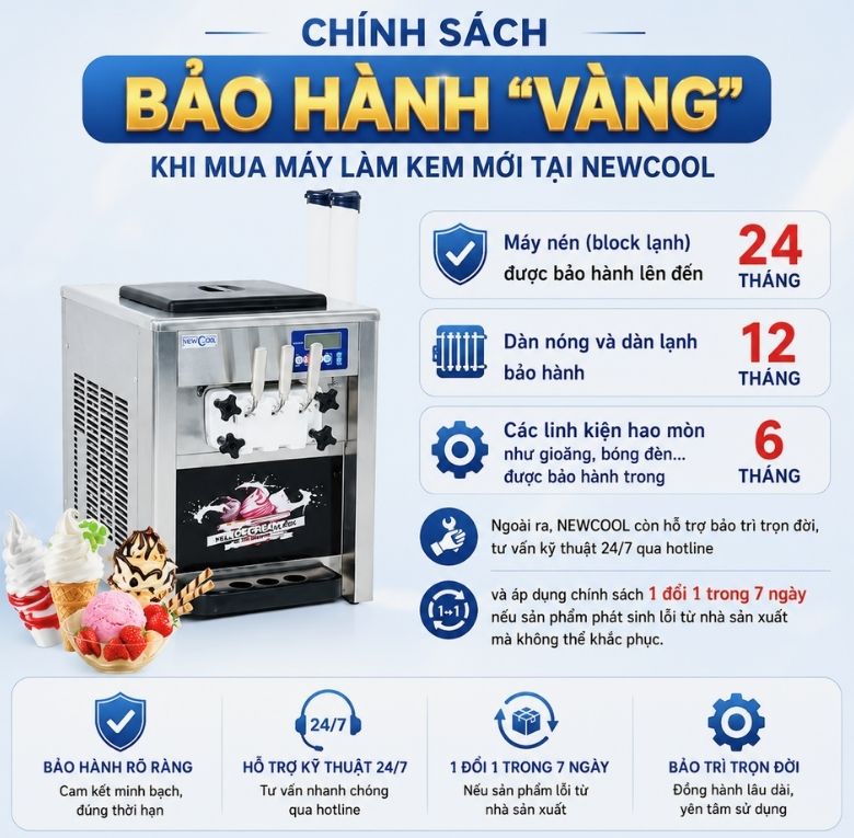 Chính sách bảo hành vàng khi mua máy làm kem mới tại NEWCOOL
