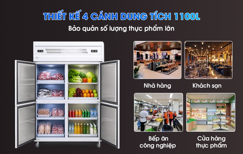 Thiết kế 4 cánh inox, dung tích lớn 1100 lít đáp ứng nhu cầu lưu trữ số lượng lớn