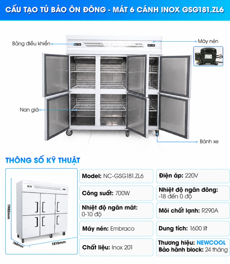 Cấu tạo tủ đông đứng 6 cánh inox GSG181.ZL6