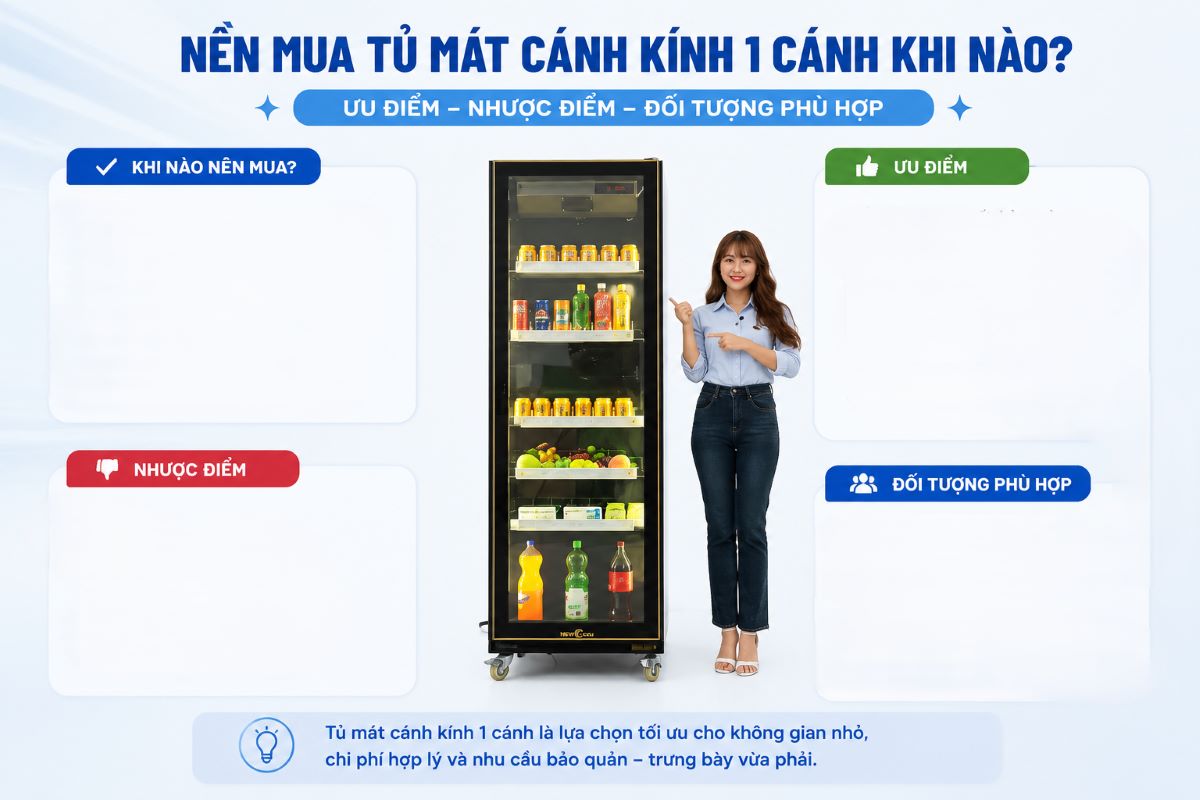 Nên mua tủ mát cánh kính 1 cánh khi nào? Ưu điểm, nhược điểm và đối tượng phù hợp