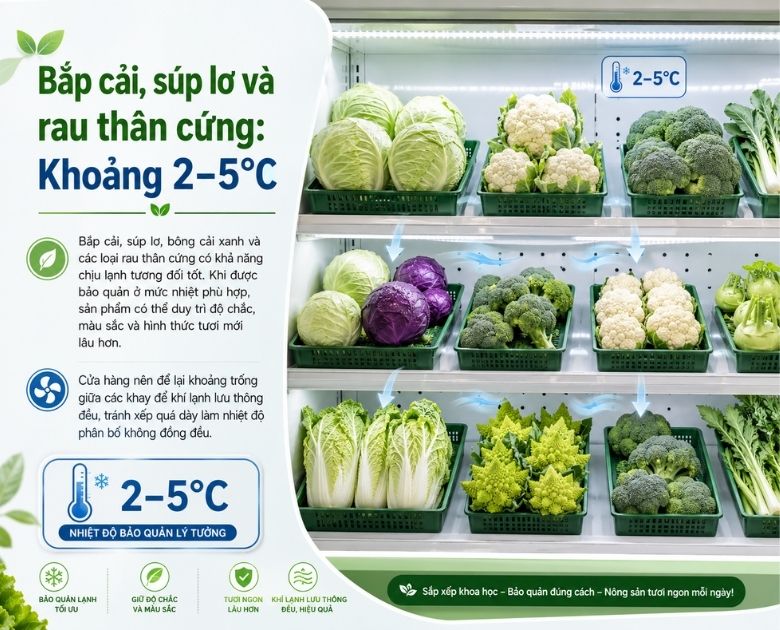 Bắp cải, súp lơ và rau thân cứng nên set nhiệt độ 2 - 5 độ C