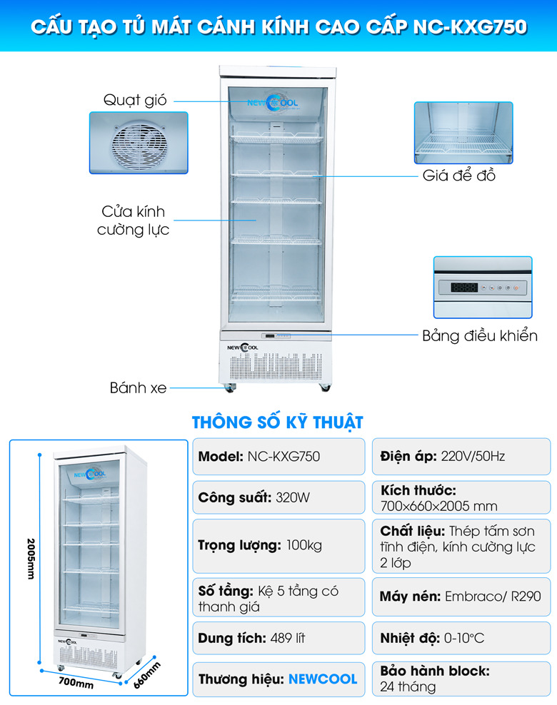 Cấu tạo chi tiết tủ mát cánh kính cao cấp NC-KXG750