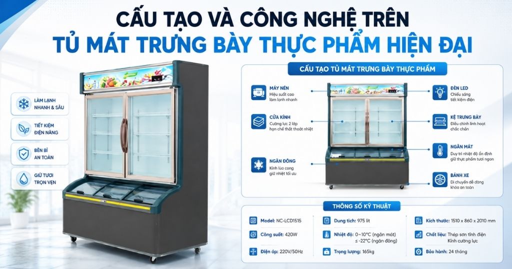 Cấu Tạo Và Công Nghệ Trên Tủ Mát Trưng Bày Thực Phẩm Hiện Đại