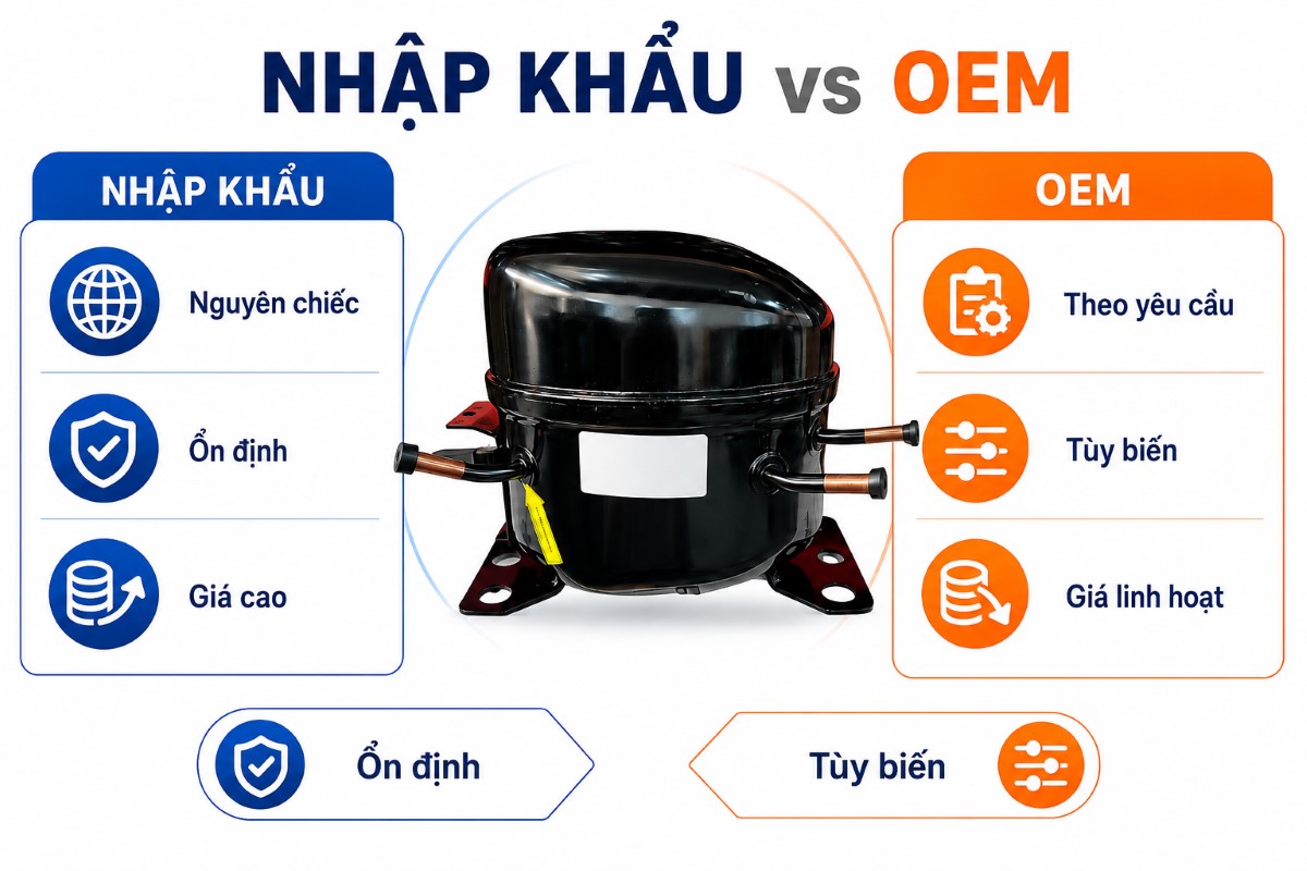 Compressor tủ mát cánh kính nhập khẩu và OEM khác nhau ở điểm nào?