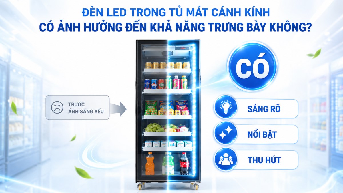 Đèn LED trong tủ mát cánh kính có ảnh hưởng đến khả năng trưng bày không?