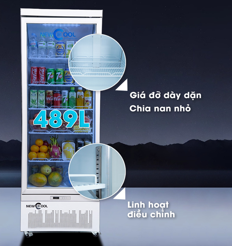 Khoang trưng bày dung tích 489 lít, sắp xếp được 5 khay (6 tầng)