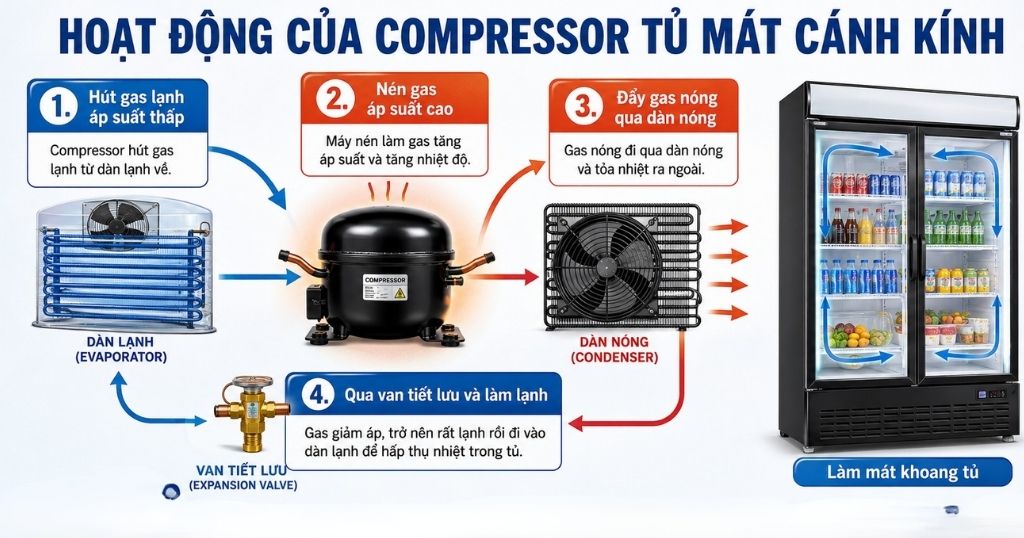 Hoạt động của Compressor tủ mát cánh kính