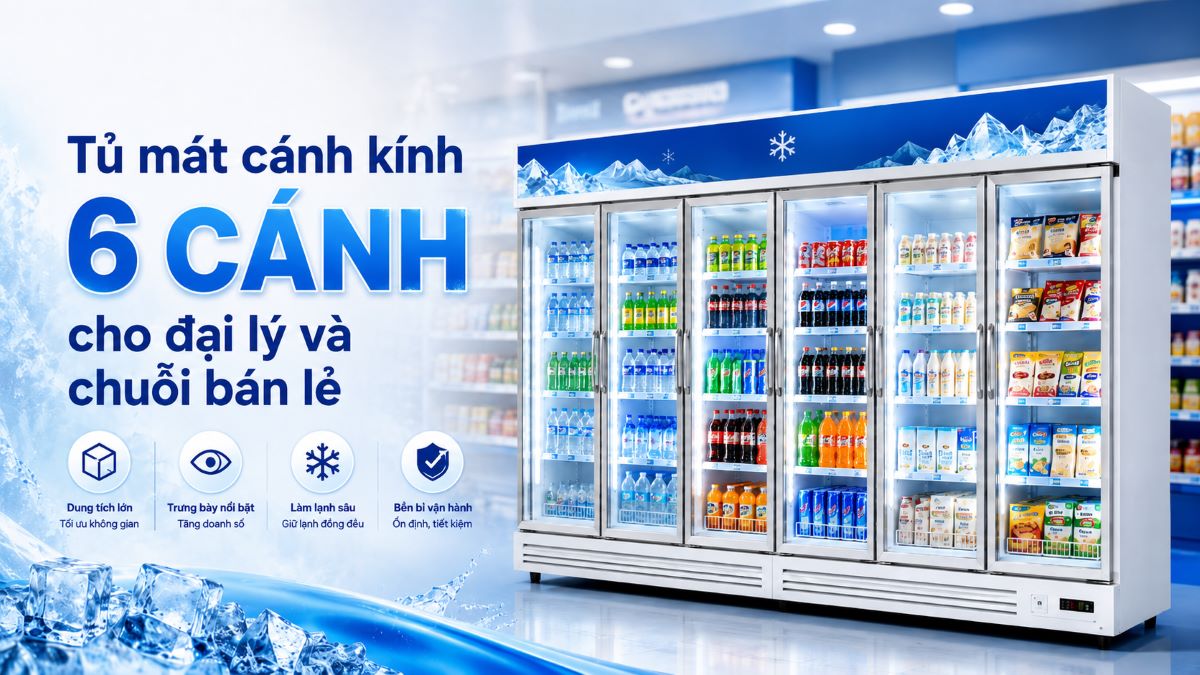Tủ mát cánh kính 6 cánh cho đại lý và chuỗi bán lẻ
