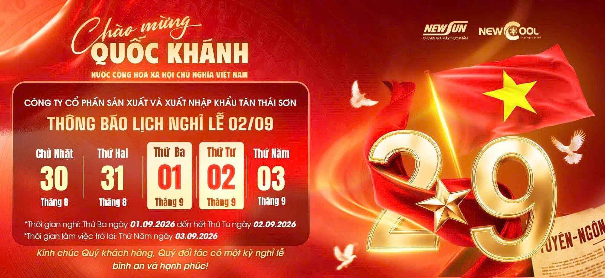 NEWCOOL thông báo lịch nghỉ lễ Quốc Khánh 2/9