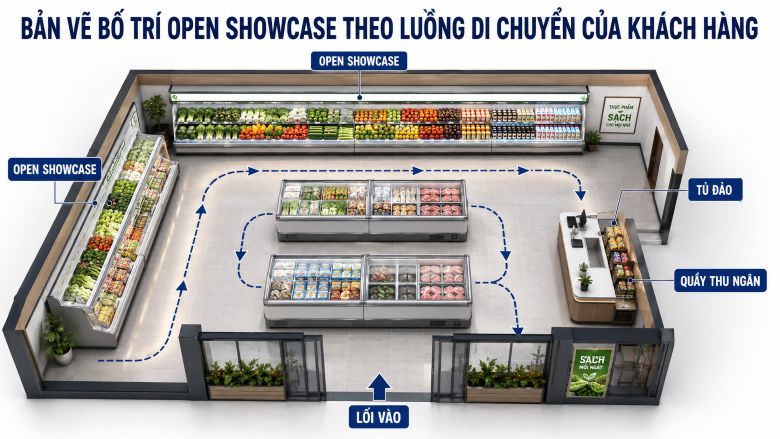 Bản vẽ bố trí Open Showcase theo luồng di chuyển của khách hàng