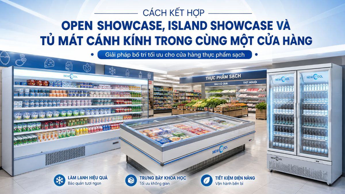 Cách kết hợp Open Showcase và tủ mát cánh kính
