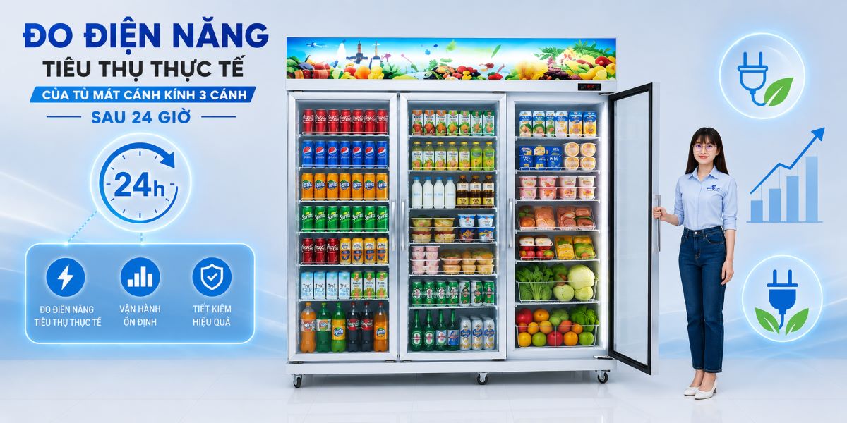 Đo điện năng tiêu thụ thực tế của tủ mát cánh kính 3 cánh sau 24 giờ