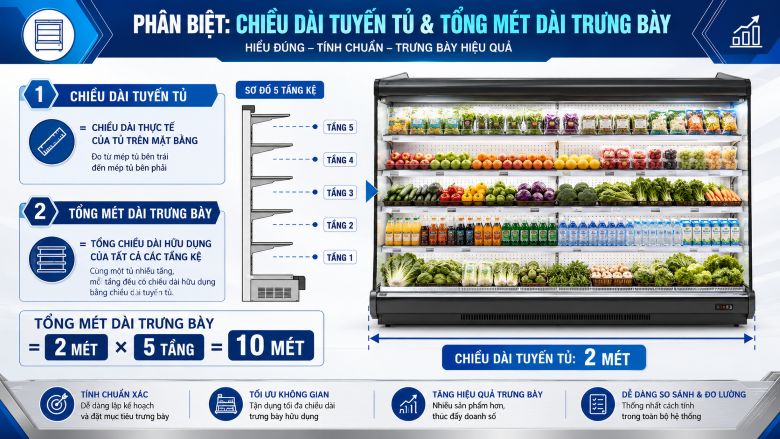 Phân biệt “chiều dài tuyến tủ” và “tổng mét dài trưng bày”