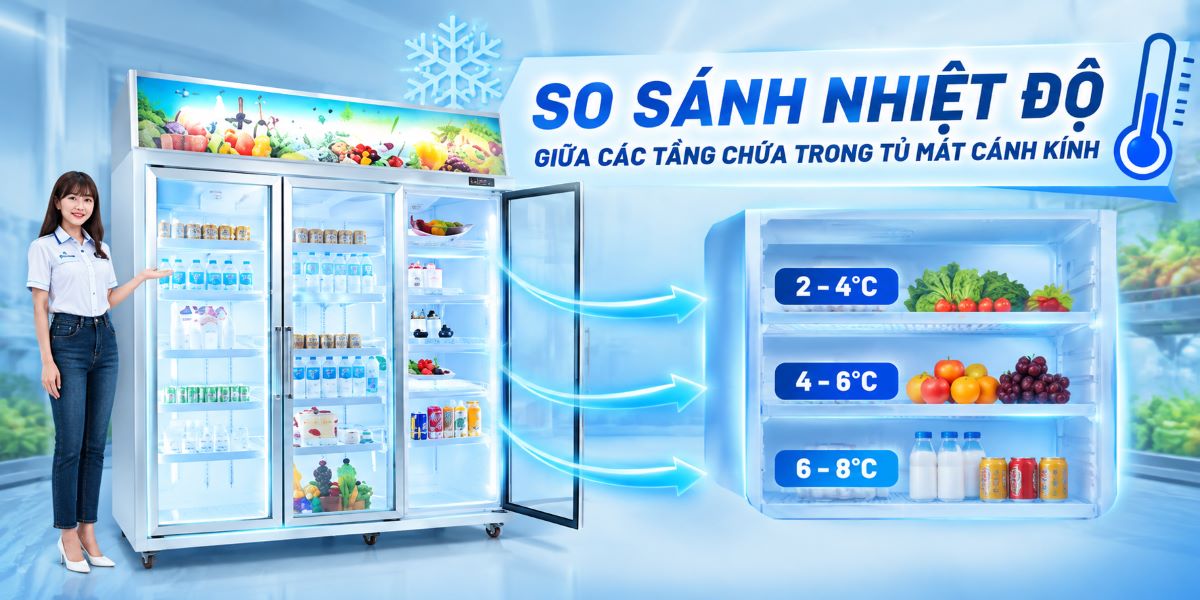 So sánh nhiệt độ giữa các tầng chứa trong tủ mát cánh kính