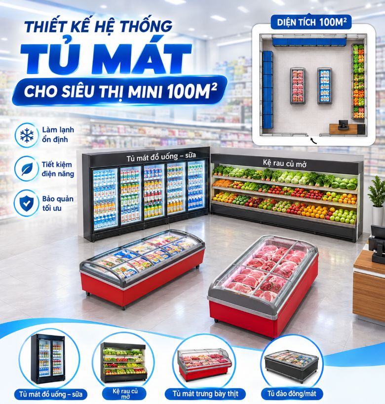 Thiết kế hệ thống tủ mát cho siêu thị mini 100m² tối ưu chi phí